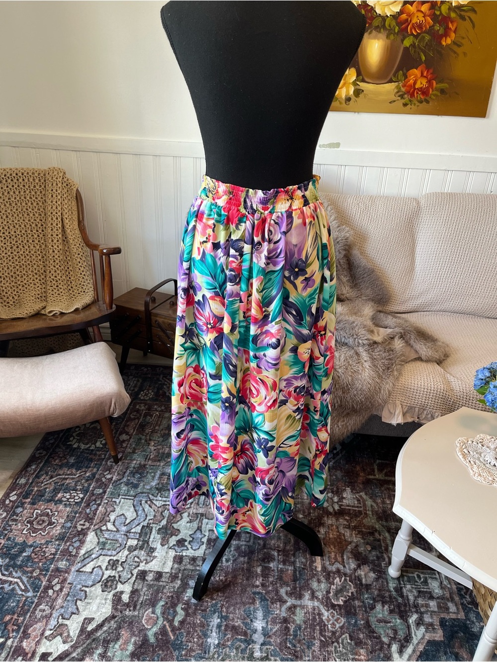 Fairset Vintage Floral Summer Multicolor Maxi Skirt Size S/M Stretchy Waist 26” - Picture 4 of 9